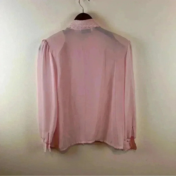 VTG 80s Sz. 8 Sheer Puff-Sleeve Pink Pleated Front Dainty Cottagecore Blouse - Picture 2 of 7